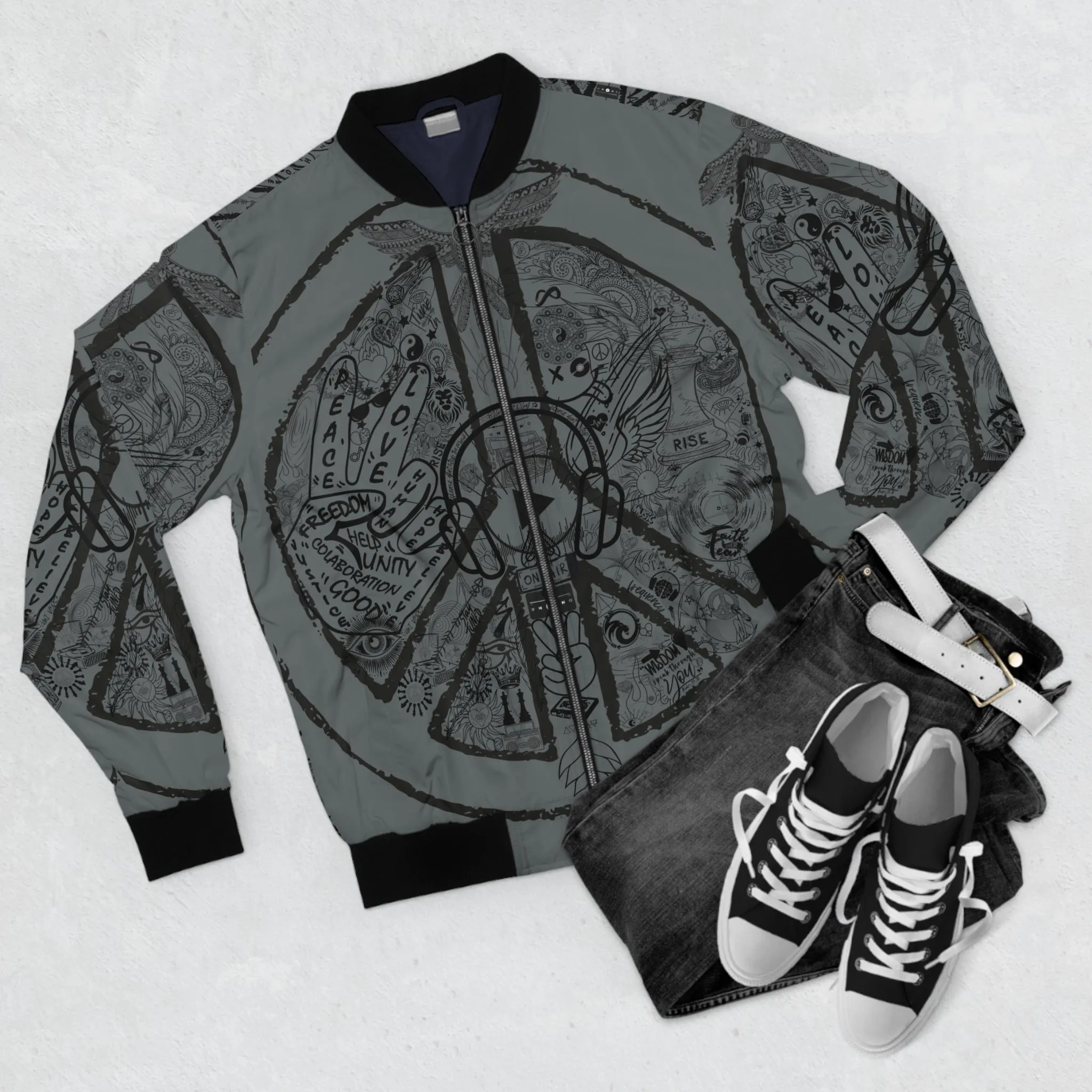 Bomber Jacket, Mens´s PEACE and LOVE, Dark Grey - Image 3