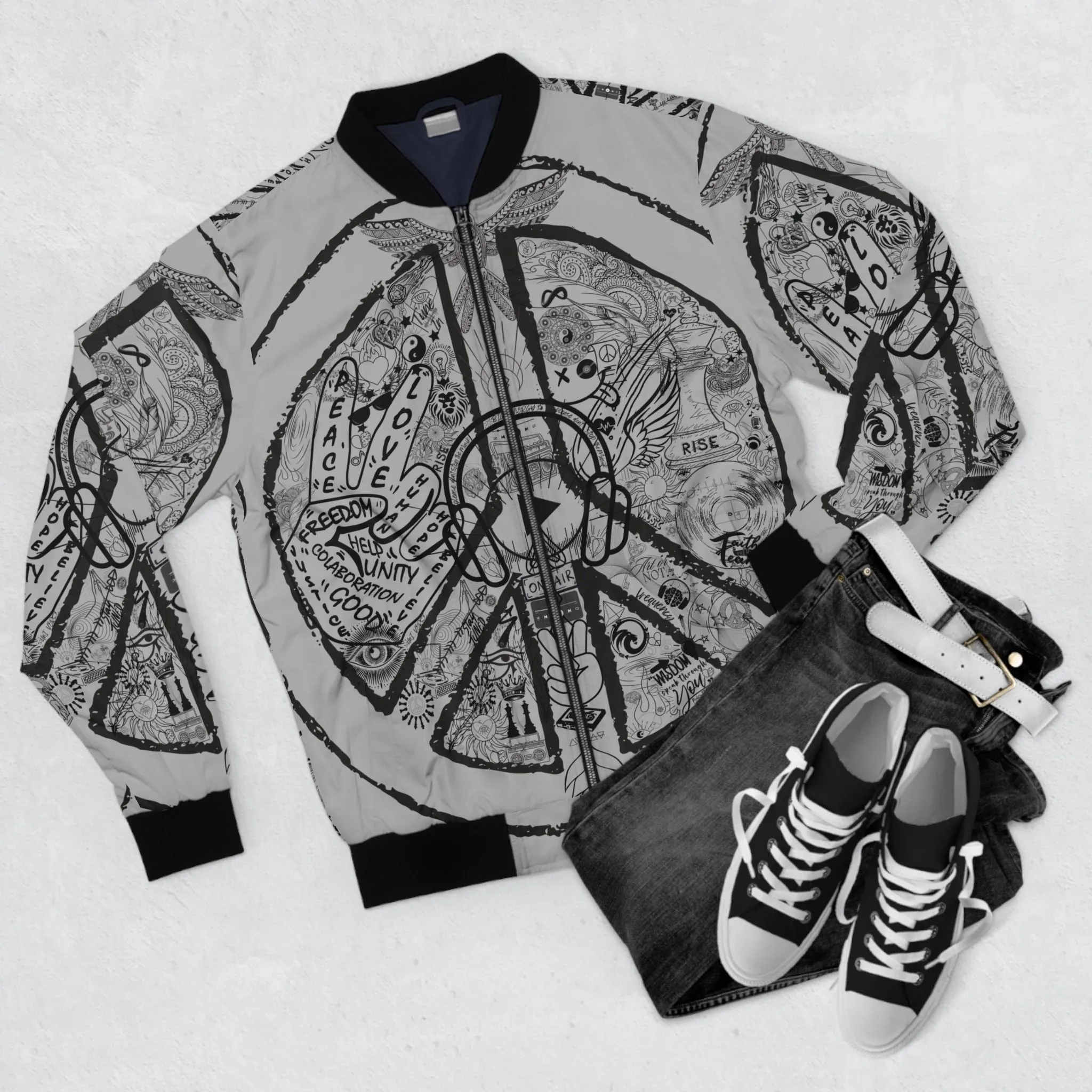 Bomber Jacket, Men´s PEACE and LOVE, Light Grey - Image 3