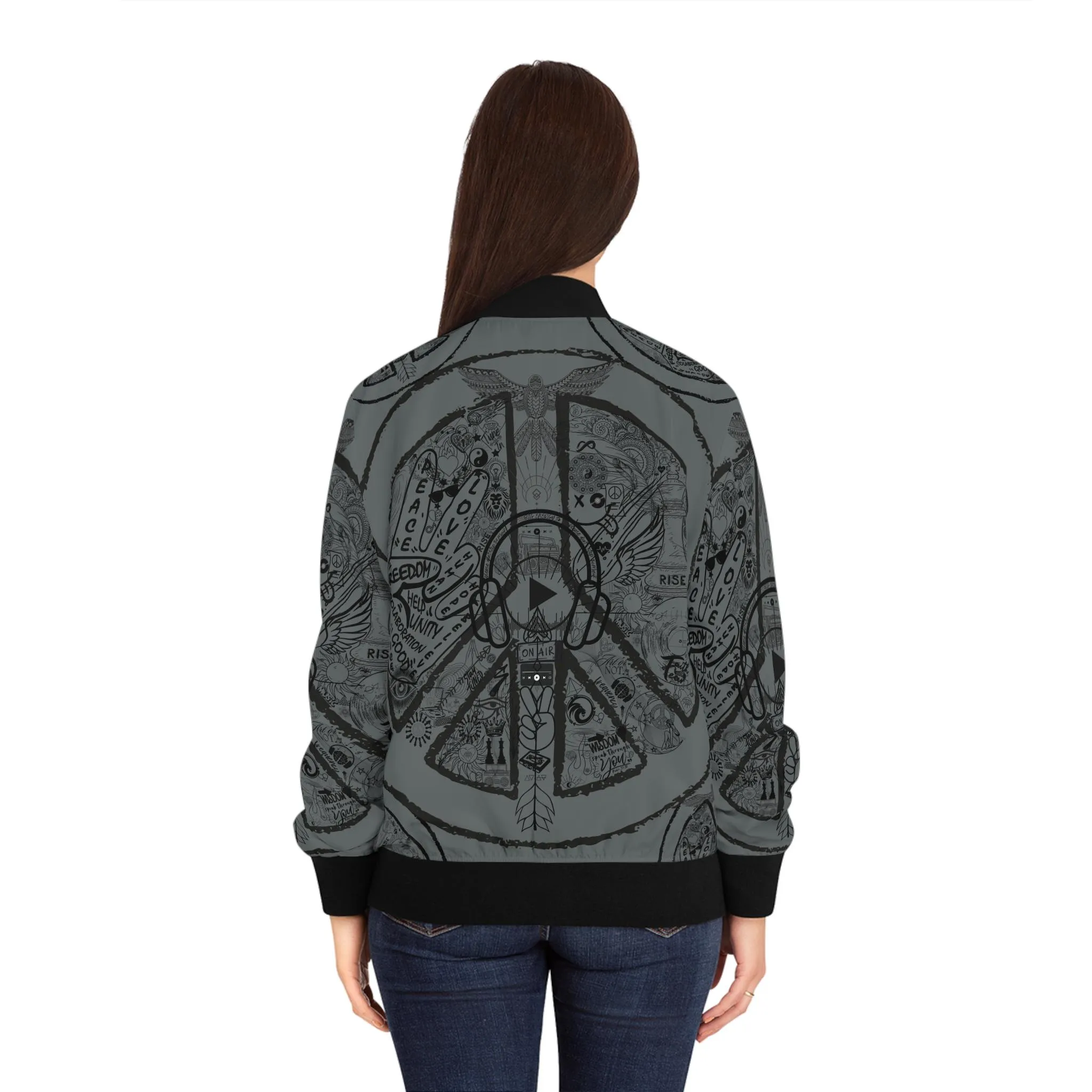 Bomber Jacket Women's PEACE and LOVE, Dark Grey - Image 3